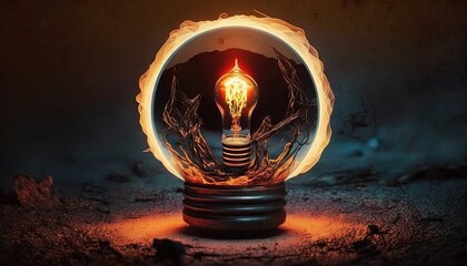 Wall Mural -  a glowing light bulb sitting inside of a glass ball on top of a wooden stand on a dark surface with a light shining through it.  generative ai