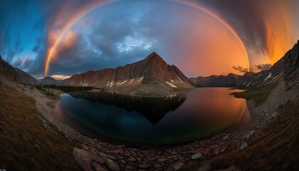 Canvas Print -  a rainbow over a mountain lake with a rainbow in the sky above it and a rainbow in the sky above the lake and a rainbow in the sky.  generative ai