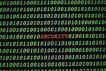 SECURITY in red text surrounded by green computer binary code zeros and ones on screen. 