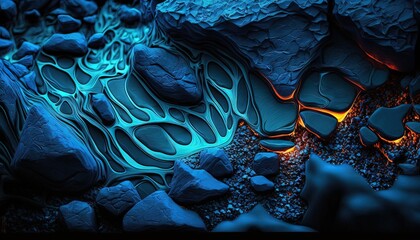 Wall Mural -  a close up of rocks and water with a blue glow in the middle of the image and a black background with rocks and water in the middle of the image.  generative ai