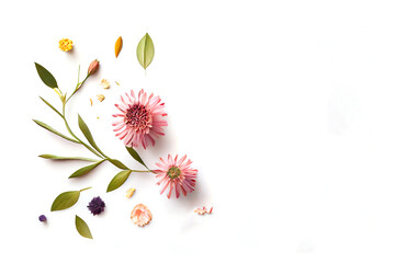 Composition of flowers. Frame pattern made from different dried flowers and leaves on white background. Flat lay, top view, copy space. Generative AI