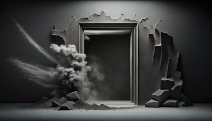 Canvas Print -  a black and white photo of a door with smoke coming out of it and smoke coming out of the door and a door with smoke coming out of it.  generative ai