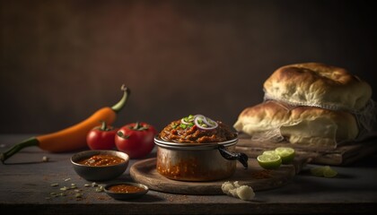 Poster -  a table topped with a pot of food and a bowl of chili next to a bun on a wooden board with a pepper and a pepper on it.  generative ai