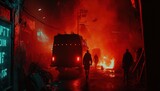 Fototapeta Londyn -  a group of people walking down a street in front of a fire truck with red smoke pouring out of the back of the truck,.  generative ai