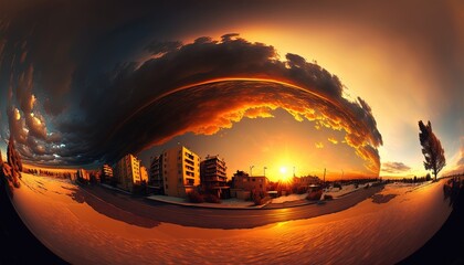 Wall Mural -  a panorama of a city at sunset with a very large cloud in the sky and buildings in the distance, with a reflection of the sun in the lens.  generative ai