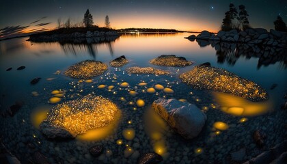 Sticker -  a night scene with rocks and lights in the water and a lake in the background with a star filled sky and stars in the sky.  generative ai