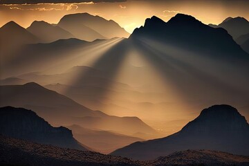 Wall Mural -  the sun is shining through the clouds over the mountain tops in the desert area of the united states of california, california, and california.  generative ai