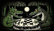  Two Alligators Playing A Game Of Checkers In The Dark Woods With A Full Moon In The Background And A Black And White Checkerboard In The Foreground.  Generative Ai