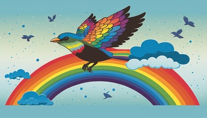 a bird flying over a rainbow with birds flying around it