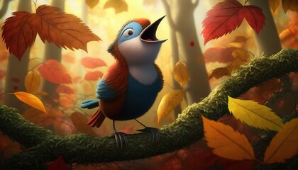 Wall Mural -  a colorful bird sitting on a branch in a forest filled with autumn leaves and leaves falling off of the trees and leaves on the ground.  generative ai