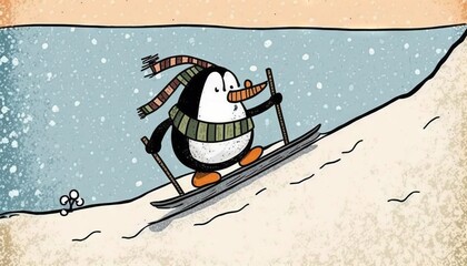 Poster -  a penguin skiing down a snowy hill with a scarf on it's head and a scarf around its neck, with a hat on top of a pair of skis.  generative ai