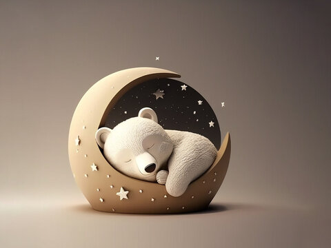 ai generated: sleeping bear in half moon with stars, children's story style