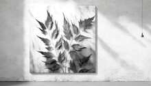  A Black And White Photo Of A Leafy Plant On A Wall In A Room With A Lamp On The Side Of The Wall And A Painting Hanging On The Wall.  Generative Ai