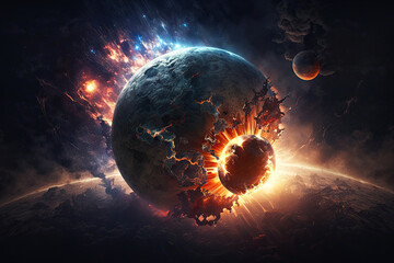 Wall Mural - explosion of a planet in outer space from a collision with a meteorite. concept of catastrophe catac