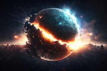 Wall Mural - explosion of a planet in outer space. concept of catastrophe cataclysms of armageddon. generative ai