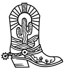 Sticker - Cowboy boot cactus decoration. Vector hand drawn illustration of Cowboy boot with cactus and sun decor printable black outline style design. Cowgirl wild west boots for print or coloring book