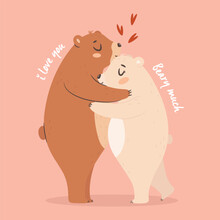 I Love You Beary Much. Cute Bears Couple Hugging. Valentine's Day Card Concept. Vector Illustration