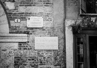 Facade of the House of Cagnolo Nogarola called Romeo, 14th century - a medieval building in the historic centre of Verona - Veneto Region in northern Italy, September 9, 2021