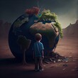 Back view full body of unrecognizable boy looking at destroyed Earth while standing on dirty ground. Generative AI