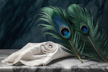  a painting of a peacock feather and a white cloth on a marble table with water in the backgrouf of the image behind it.  generative ai