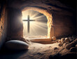 Empty tomb at sunrise. Easter concept created with generative Ai technology