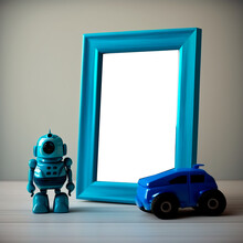 Frame For A Blue Baby Photo With A Car And A Robot Toy Next To It, Empty Inside