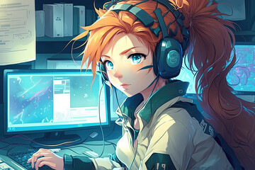 Anime girl programming. AI generated.