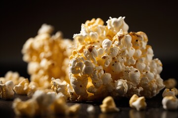 Poster -  a pile of popcorn sitting on top of a black counter top next to a pile of popcorn kernels on a table next to a black background.  generative ai