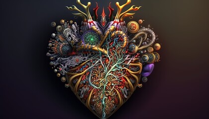 Wall Mural -  a heart with many different types of things inside of it, including a tree and other things in the shape of a human heart, on a dark background.  generative ai