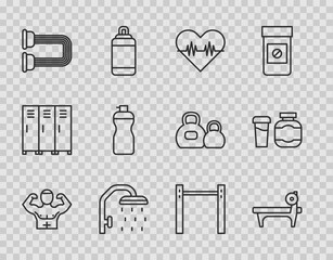 Sticker - Set line Bodybuilder muscle, Bench with barbel, Heart rate, Shower head, Chest expander, Fitness shaker, Horizontal and Sports nutrition icon. Vector