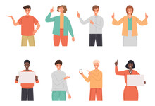 Set Of Happy People Pointing To The Side, Phone, Blank Banner. Character For The Presentation Of Goods Or Services. Men And Women Point To Something. Vector Illustration In Flat Style