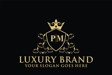 letter initial pm elegant luxury monogram logo or badge template with scrolls and royal crown, perfe