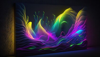 Poster -  a painting of a colorful wave on a black wall with a yellow light in the corner of the room and a black wall with a yellow light in the corner.  generative ai