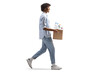 Full length profile shot of a young african american man carrying a box with plastic bottles and walking