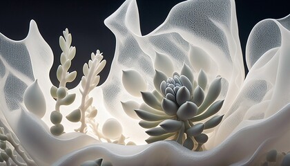 Future succulent plants mixed up with white translucent fabric, close up image, created by generative AI.