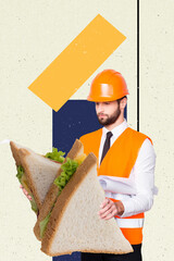 Wall Mural - Vertical collage picture of construction worker guy arms hold huge sandwich isolated on creative background