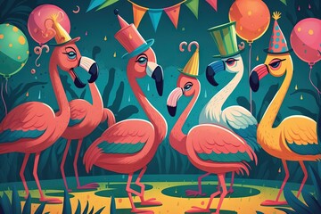 Sticker -  a group of flamingos wearing party hats and streamers in a jungle with streamers and streamers in the air and streamers in the air.  generative ai