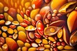  a close up of a painting of oranges and yellows on a black background with drops of water on the bottom of the painting.  generative ai