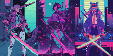 Wall Mural - Portrait of anime cyber girls with huge light sword. Illustration in the retro style film. Colorful background, collection