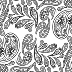 Paisley black and withe vector background,  floral abstract design pattern, indian art ornament.