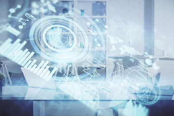 Fototapete - Double exposure of business theme drawing and office interior background. Concept of success