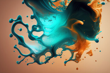 Wall Mural - Generative AI painting. Bright multi colored background, splashing water with drops and waves. Turquoise and yellow colors