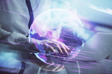 Fototapete - Double exposure of woman hands typing on computer and technology theme drawing. High Tech concept.
