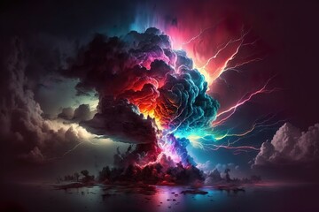 Wall Mural - Colorful lightning over water