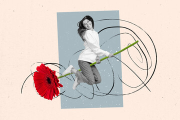 Poster - Creative 3d collage photo poster picture greeting card of happy girl flying big red flower isolated on painted background