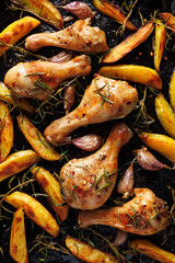 Wall Mural - Roasted chicken legs, drumsticks and potatoes seasoned with  rosemary and garlic on a dark background, top view