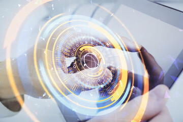Fototapete - Double exposure of man's hands holding and using a digital device and tech theme hologram drawing. Technology concept.