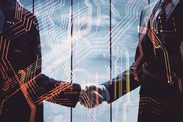 Fototapete - Double exposure of tech hologram and handshake of two men. Deal concept.