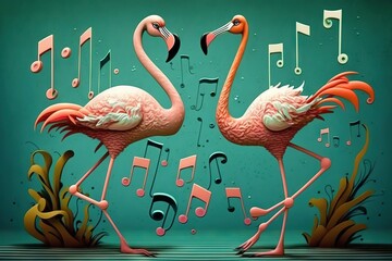 Sticker -  two flamingos are dancing in front of musical notes and music notes on a green background with a blue background and a green background with a pink flamingo.  generative ai