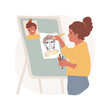 © Vector Juice - Drawing self-portrait from a picture isolated cartoon vector illustration. Learn to draw face, child make self-portrait from photo, elementary school curriculum, fine art lesson vector cartoon.